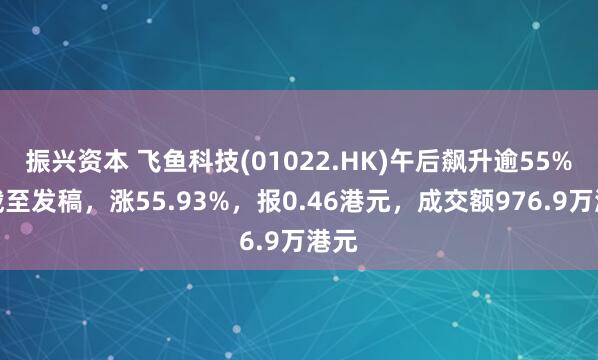 振兴资本 飞鱼科技(01022.HK)午后飙升逾55%，截至发稿，涨55.93%，报0.46港元，成交额976.9万港元